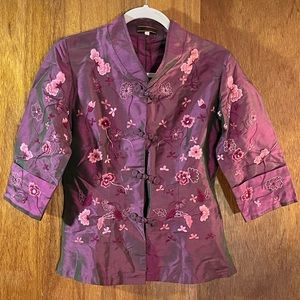 F SILK Dark Pink Silk Jacket w Floral Embroidery Sz M